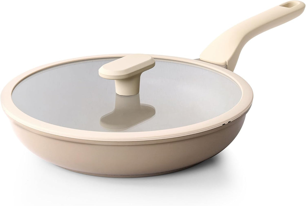 Nonstick Frying Pan with Lid, Healthy Skillet, Egg Pan Nonstick Omelet Pan Chef's Pan, PFOA & PTFE Free, Induction Compatible (8Inch W/L Natural Linen)