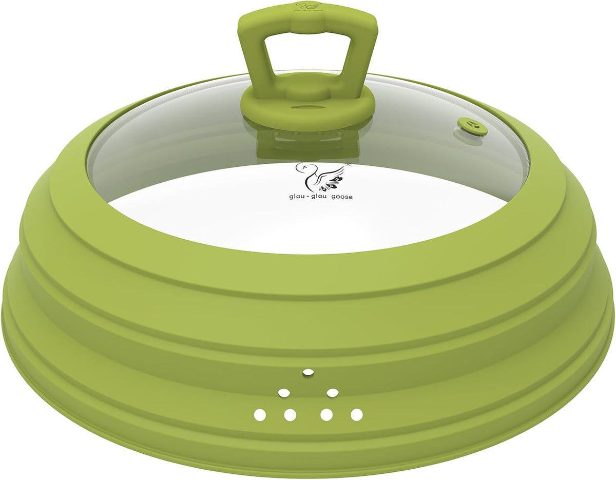Microwave Splatter Cover Vented Glass Splatter Guard Lid with Collapsible Silicone for Food as Pot Cover 11.8 inch Large Plate for 6 7 8 9 10 11 inch Plate Bowl
