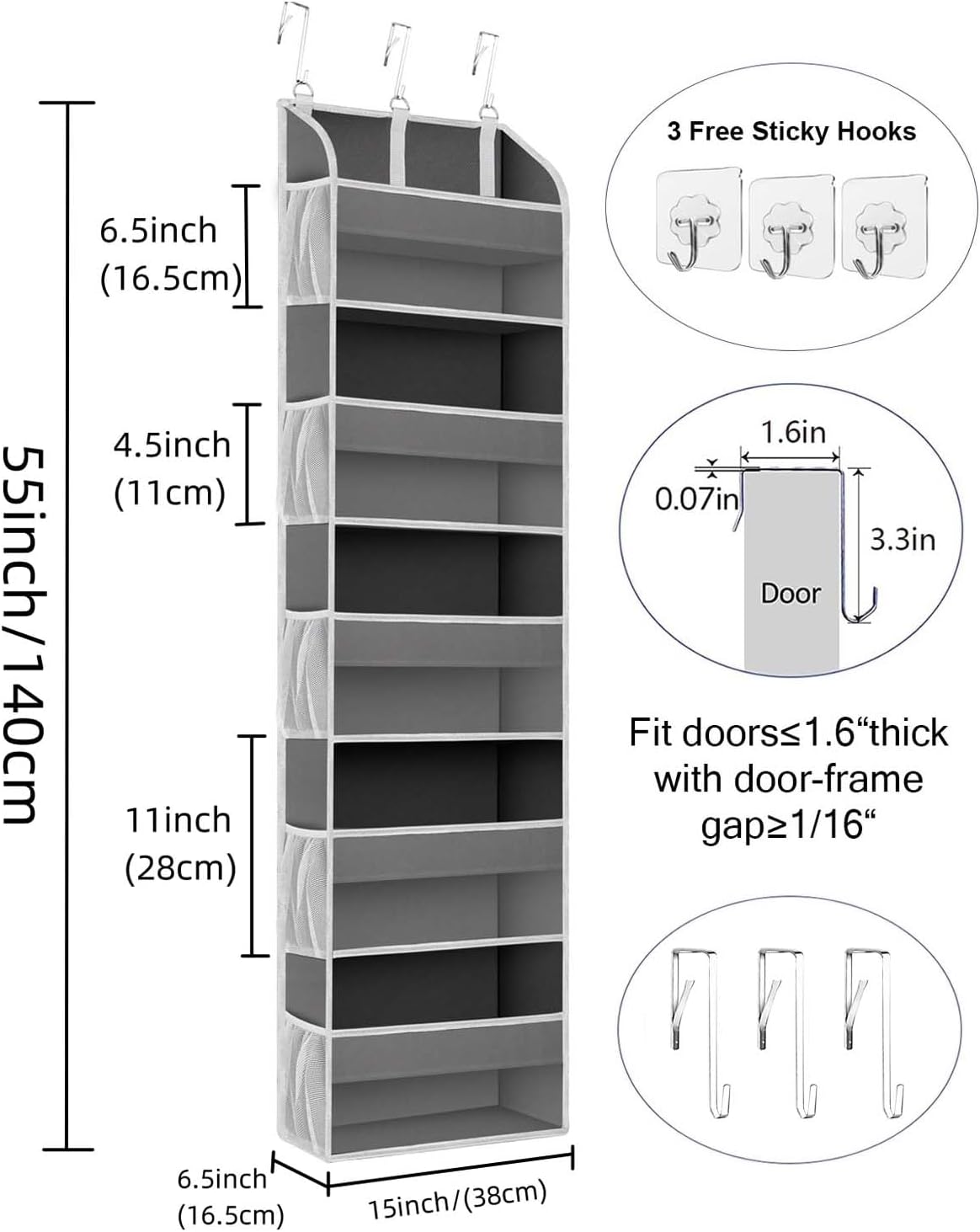 2 Pack Over The Door Storage Organizer with 5 Pockets 10 Mesh Side Pockets, 44 lbs Weight Capacity Door Hanging Organizers and Storage for Bedroom,Bathroom,Nursery,Pantry,Dorm(Dark Gray)
