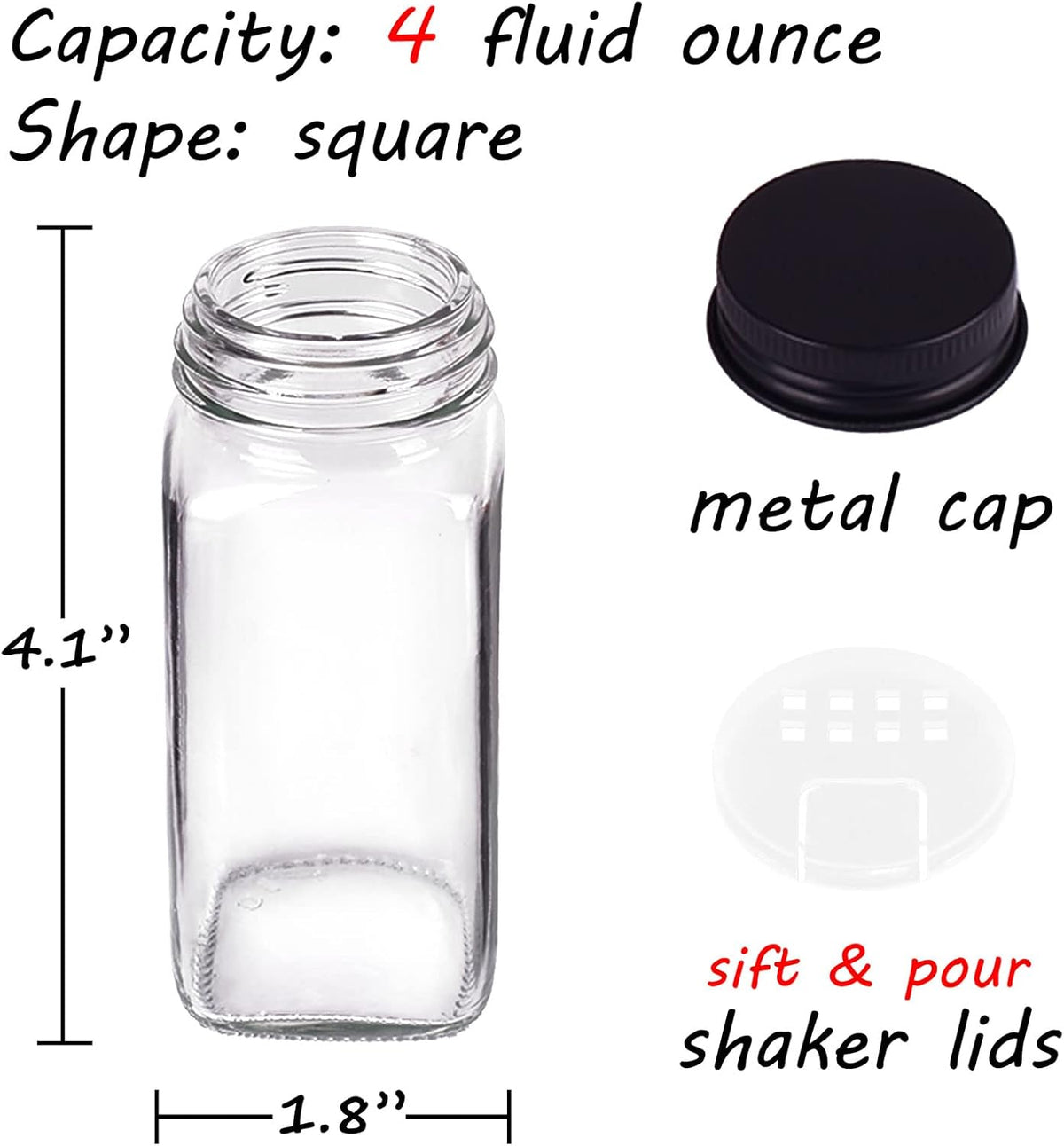 Churboro 66 Spice Jars with 547 Labels- Glass Spice Jars with Black Metal Caps, 4oz Empty Spice Containers with Shaker Lids, Funnel, Chalk Pen, Square Seasoning Bottles for Spice Rack, Drawer, Cabinet