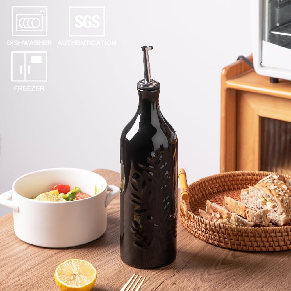 Sweejar Large Olive Oil Dispenser Bottle with Spout, 24 Oz Ceramic Oil Dispenser for Kitchen, Relief Opaque Oil Cruet, Oil Container for Cooking, EVOO, Avocado Oil, Vinegar, Pack of 1(Black)