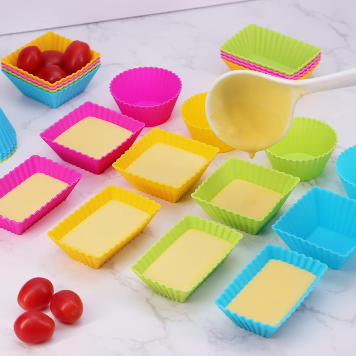 24Pack Silicone Muffin Cups, Reusable Cupcake Liners Molds for Baking, 3 Shapes Lunch Box Bento Dividers-Round, Square, and Rectangular (Colorsful, Large Size)