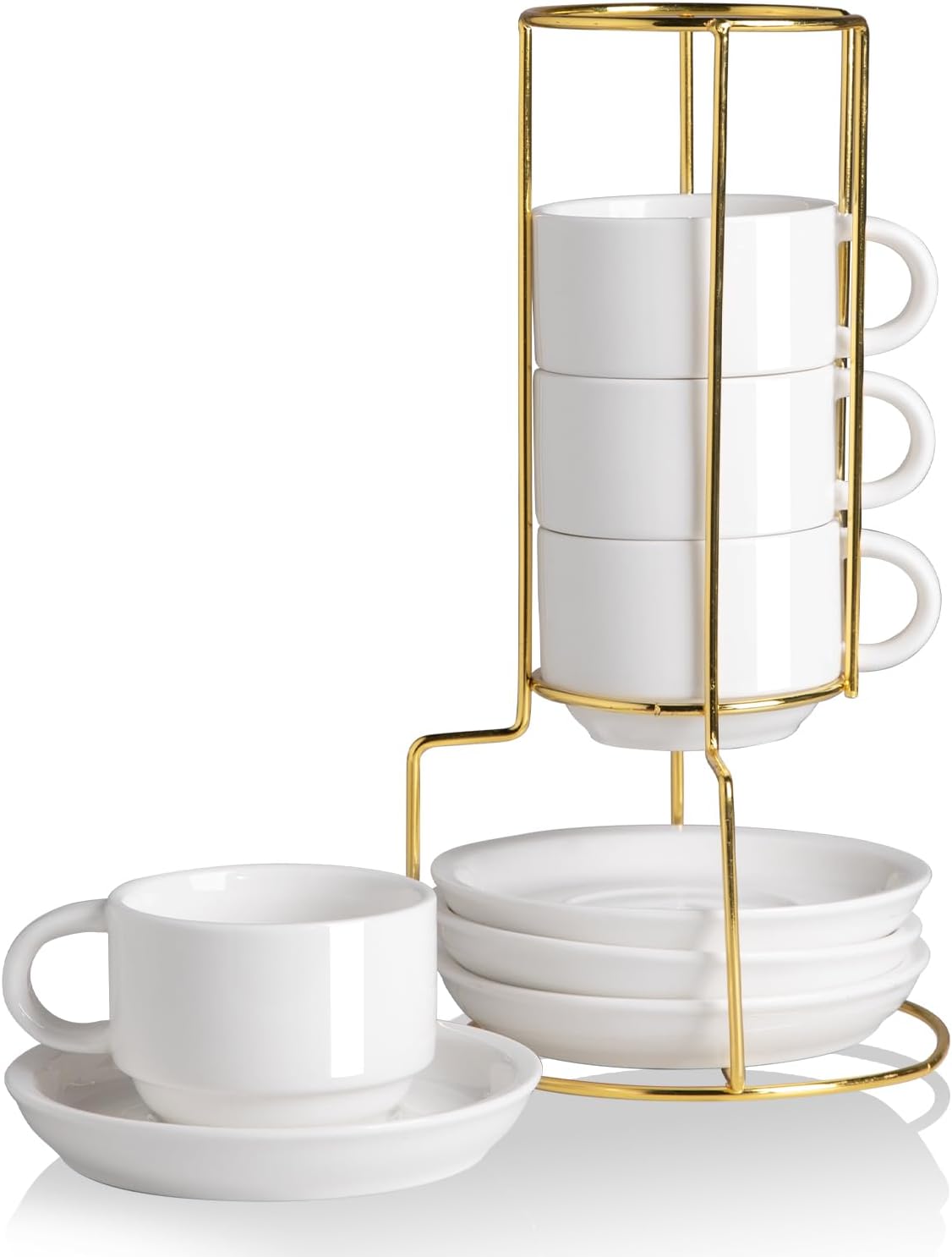 Sweejar Porcelain Espresso Cups with Saucers, 4 Ounce Stackable Cappuccino Cups with Metal Stand for Coffee Drinks, Latte, Tea - Set of 4 (White Gold Stand)