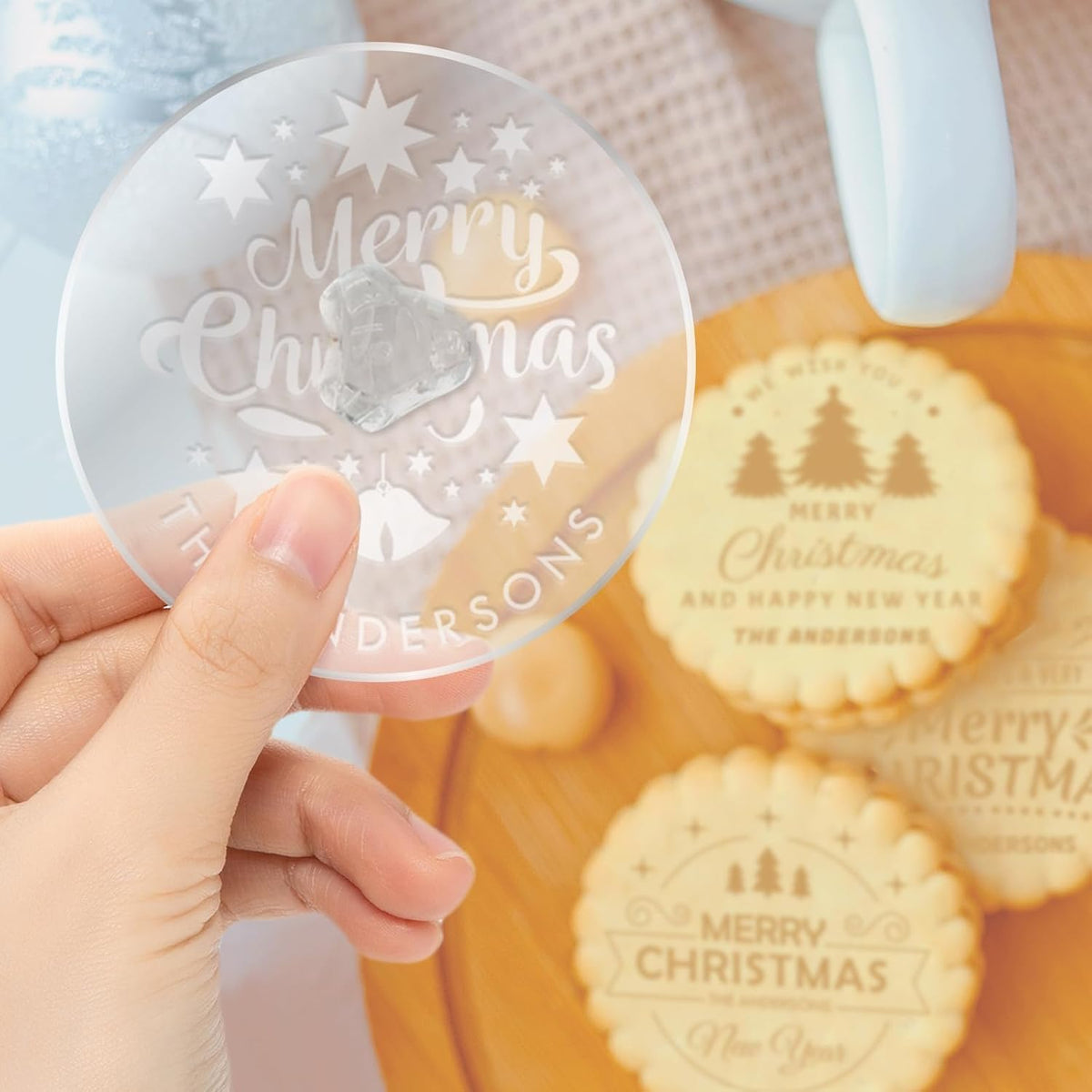 Personalized Christmas Cookie Stamp Custom Acrylic Cookie Embossing Mold with Handle for Baking Decoration