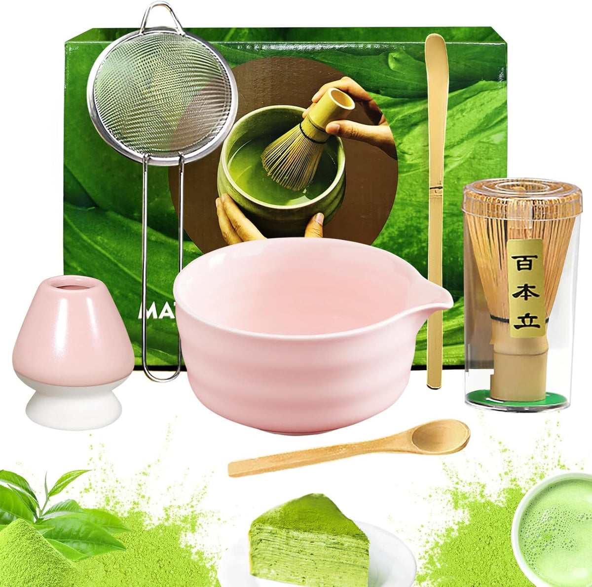 Matcha Set, 6 Pcs Matcha Whisk Set with 20 oz Bowl, Bamboo Whisk for Matcha Tea, Matcha Bowl, Ceramic Matcha whisk Holder, Stainless Sifter and Scoop - Gift for matcha kit Lovers（Pink）