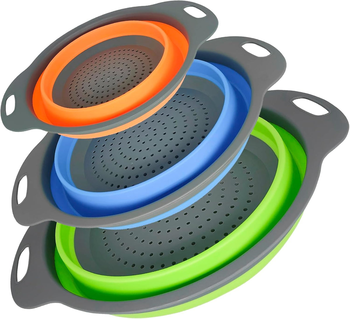 Tri-Color Silicone Collapsible Colander Set (3Pcs 2/4/6 QT) - Space Saving Foldable Strainers with Non-Slip Base for Pasta, Veggies & Camping, Dishwasher Safe Instant Fold Kitchen Gadget