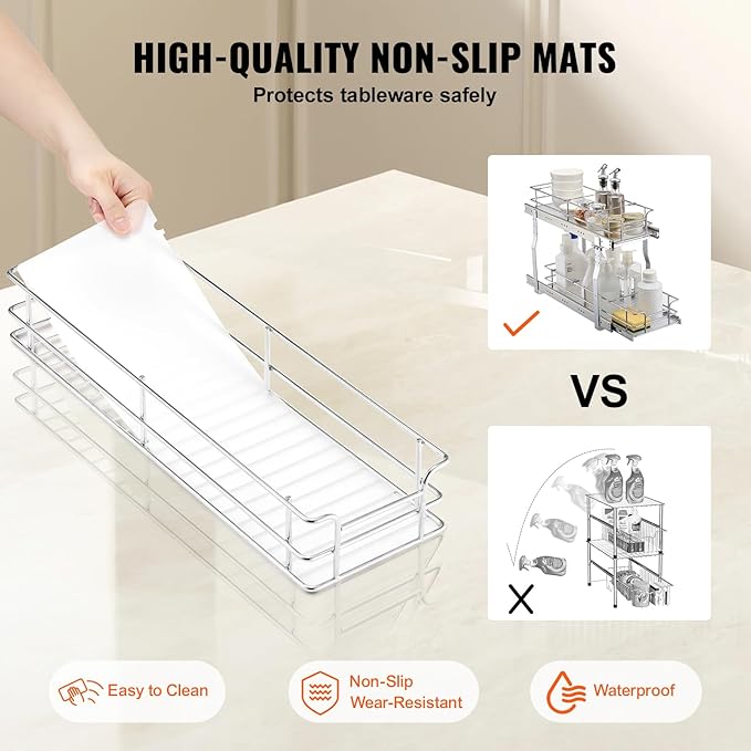VEVOR Pull Out Cabinet Organizer, 8.5"W x 21"D Heavy Duty Slide Out Pantry Shelves, Chrome-Plated Steel Roll Out Drawers, Sliding Drawer Storage for Home, Inside Kitchen Cabinet, Bathroom, Under Sink