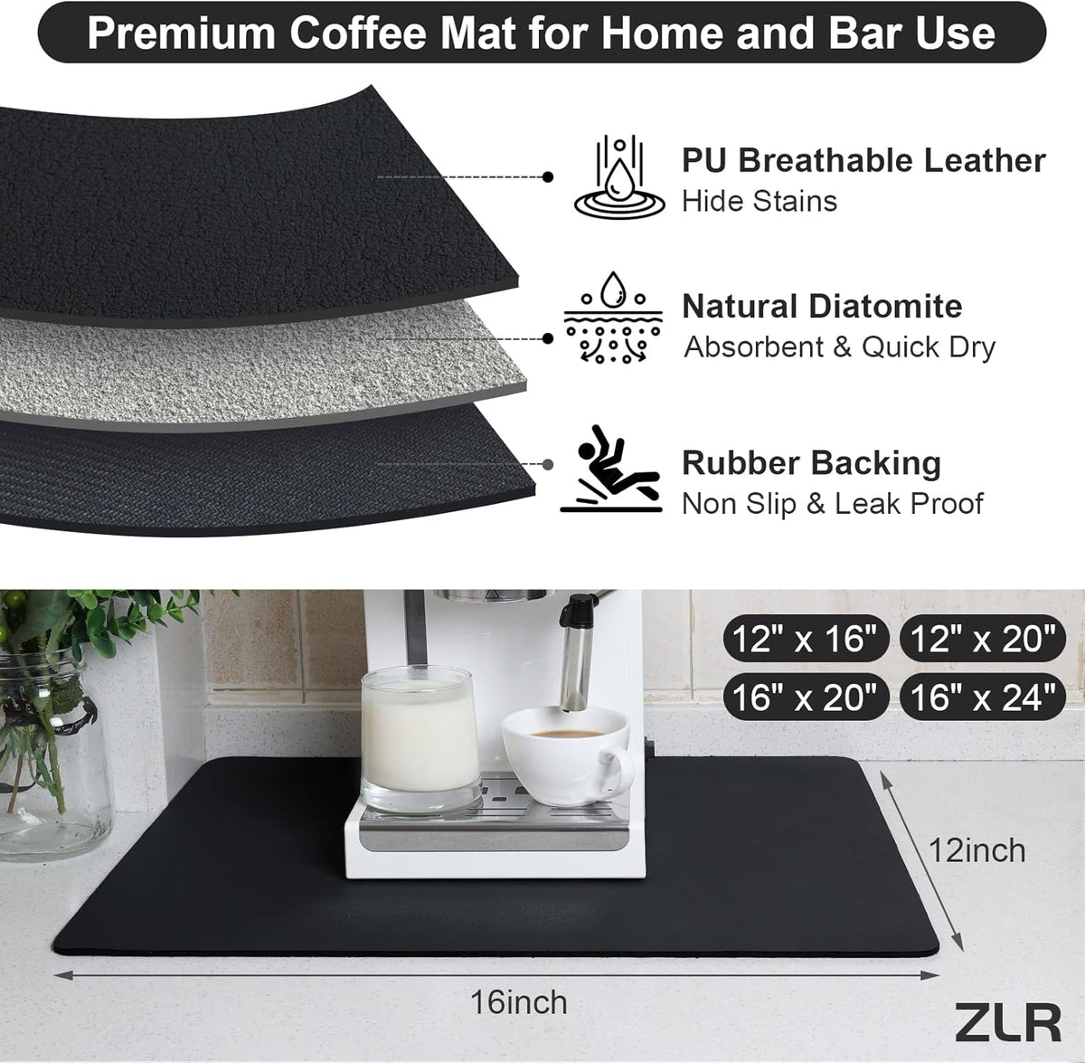 ZLR Coffee Mat - 12" x 16" Small Kitchen Hide Stain Absorbent Dish Drying Mat for Countertop - Easy to Clean Coffee Bar Mat for Espresso Machine and Spill Protection - Black