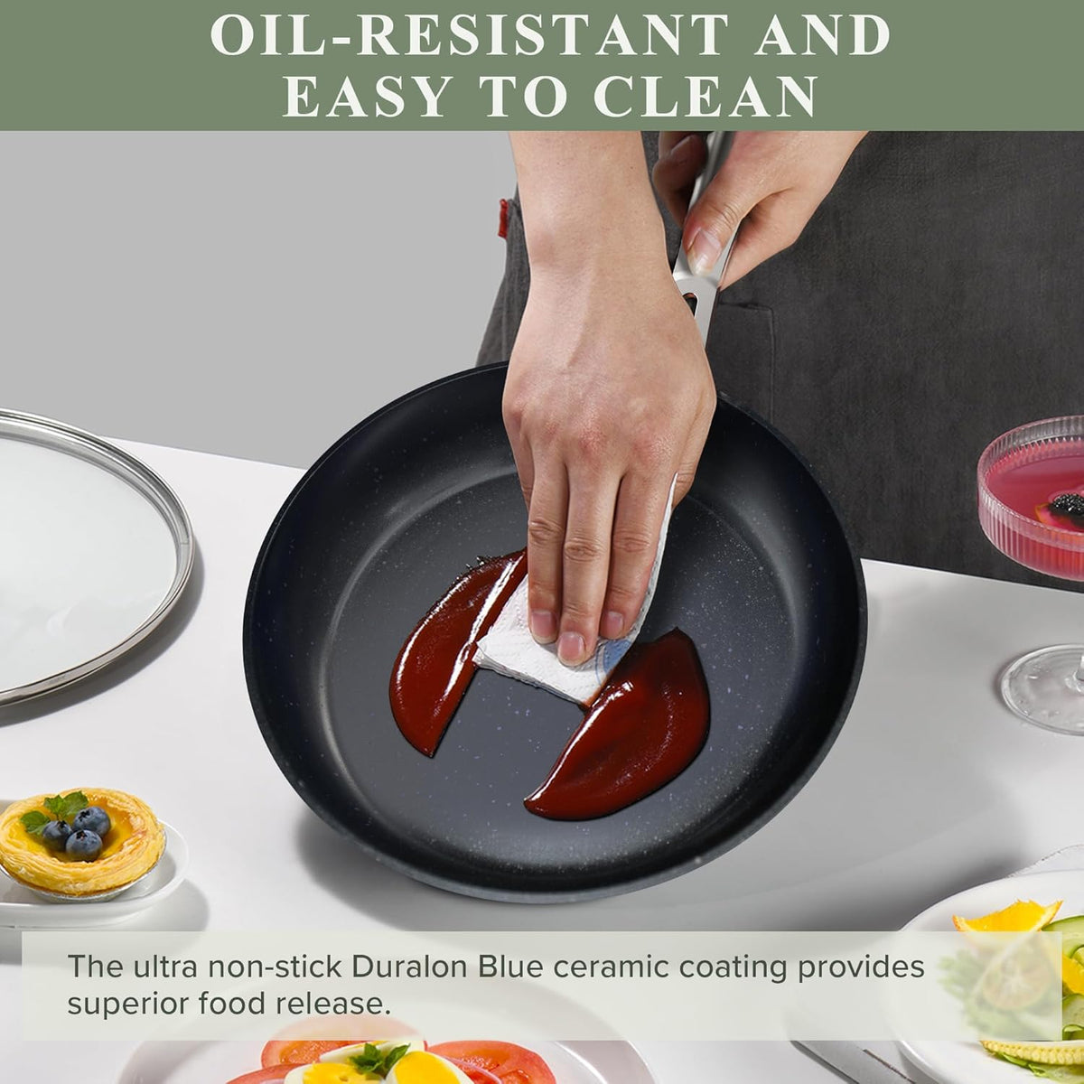 Nuwave Healthy Duralon Blue Ceramic Nonstick Cookware Set, Diamond Infused Scratch-Resistant, PFAS Free, Dishwasher & Oven Safe, Induction Ready & Evenly Heats, Tempered Glass Lids & Stay-Cool Handles