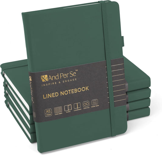 &And Per Se Lined Journal Notebook (5 Packs), 160 Pages, A5 5.7 x 8 inches College Ruled Thick Paper Notebook Journals for Writing, Hardcover Notebooks for Women Men Office School (Green)