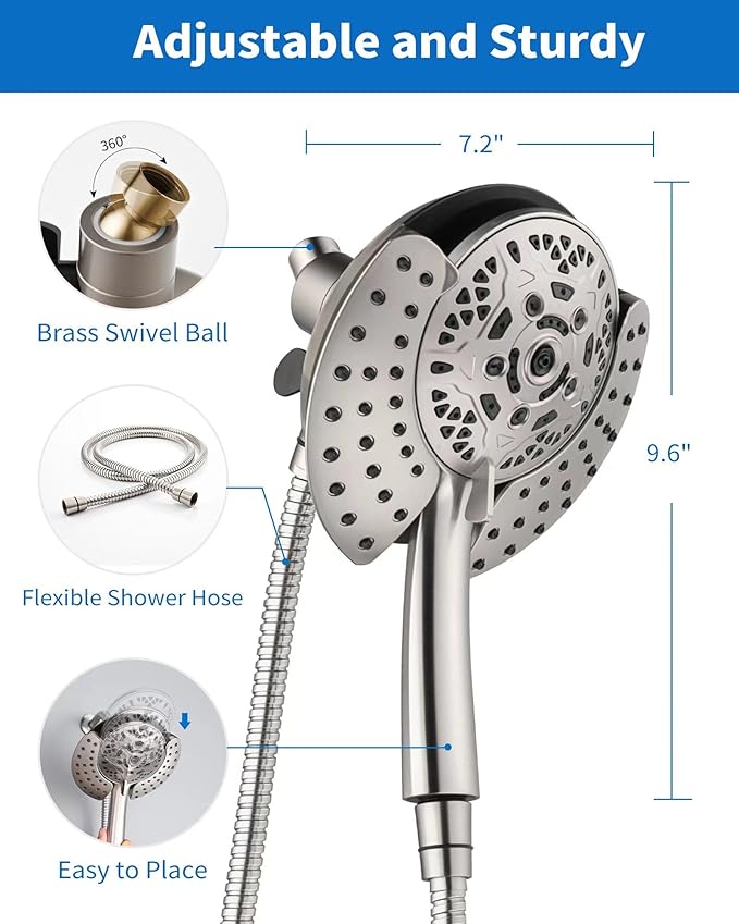 2.5GPM Shower Heads with Handheld Spray Combo: 7.2" Rainfall Shower Head & Hand Held Shower Head 2-IN-1 Shower Head with 60" Rotatable Stainless Steel Hose Nickel, Shower Trim Systems