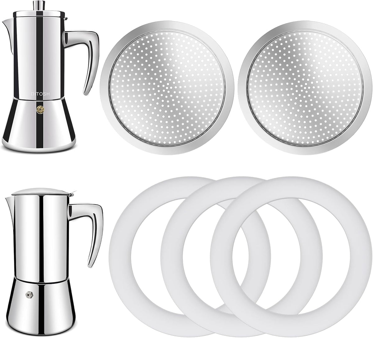 2 Pcs Filter with 3 Pcs Silicone Gasket Seals for 12 Cup Stovetop Espresso Coffee Maker Replacement Parts for 304 Stainless Steel Moka Pot