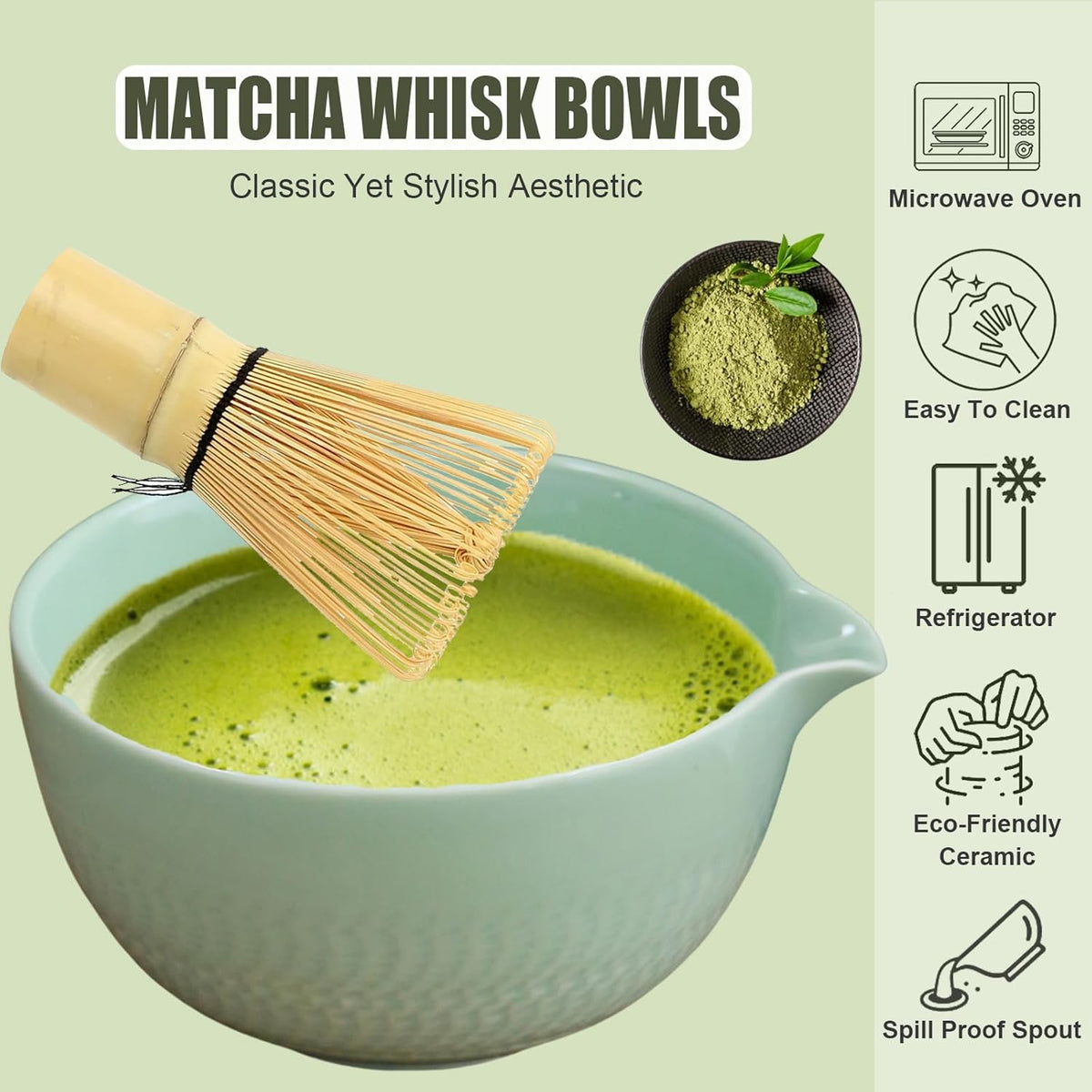 Ceramic Japanese Style Matcha Bowl Whisk Holder Temperature Resistant Braid Textured Matcha Tea Bowl Set With Spout for Trip (Light Green)