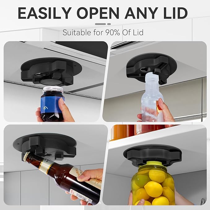 Jar Opener Bottle Opener for Seniors with Arthritis - Under Cabinet Jar Opener for Weak Hands, Rotary Lid Opener, Easy Twist-Off Lids for Jars & Bottles, Original Kitchen Gadgets (Black)