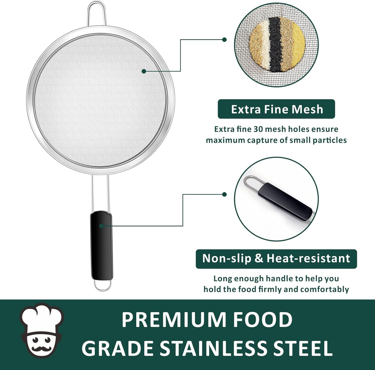 Yimi Fine Mesh Strainers Skimmers Set of 4, Stainless Steel Sieve Strainer Wire Sifter Colanders with Anti-Scald Handle,Kitchen Utensil Ideal for Strain Pasta Quinoa Rice, Ideal for Gift