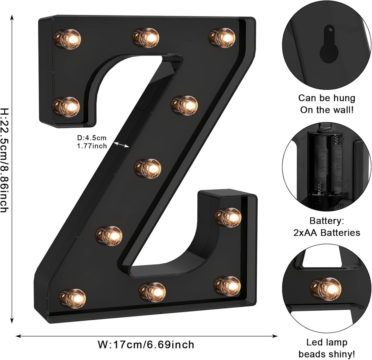 Foaky Black LED Letter Lights for Room Decor - Bedroom Wall Decor, Alphabet Lights for Home, Wedding, Party - Battery Operated （Z）