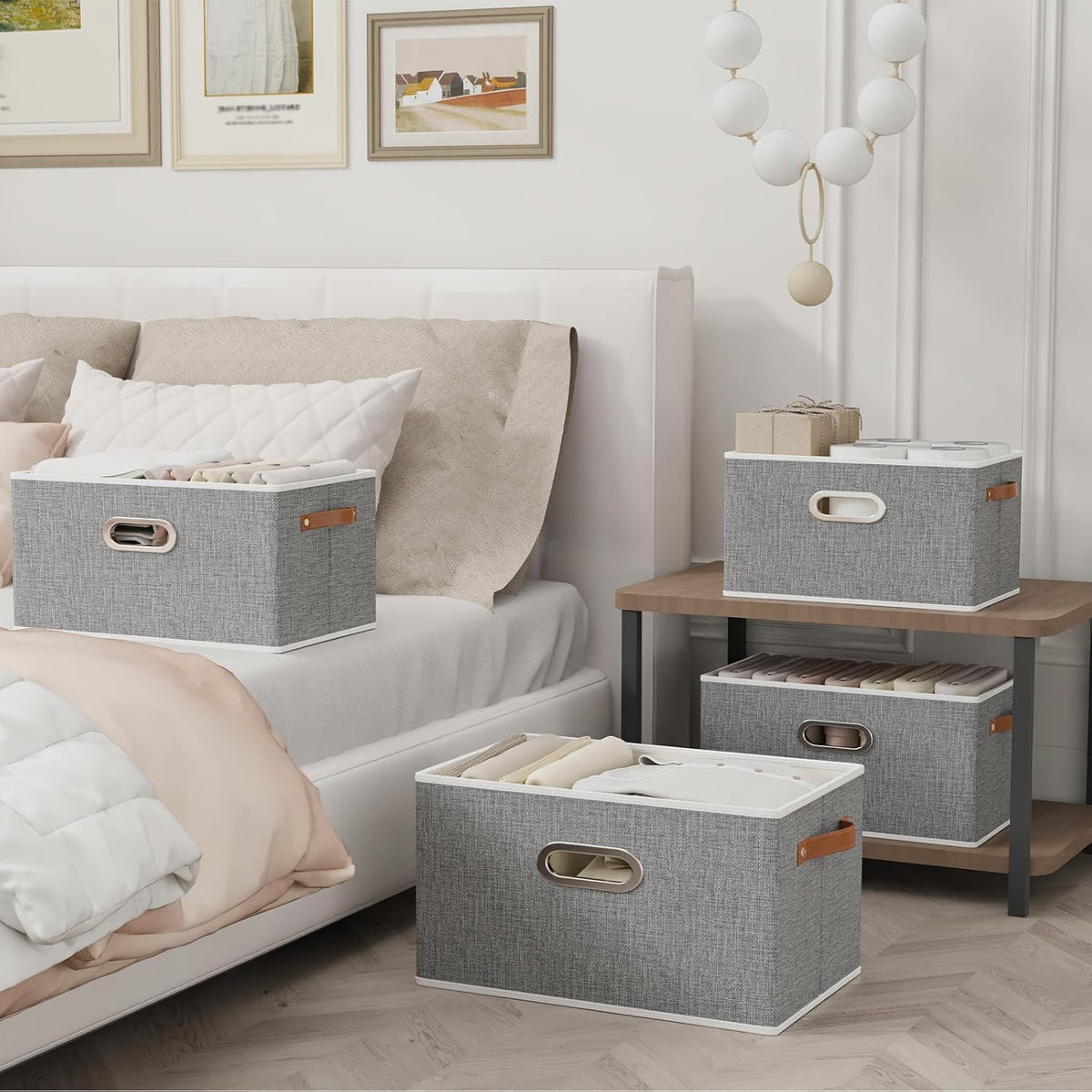 Yawinhe Foldable Storage Baskets for Shelves, Fabric Closet Organizers, Bins with 3 Handles, Cubes for Clothes, Grey, 15''Lx9.8''Wx8.3''H, 6-Pack