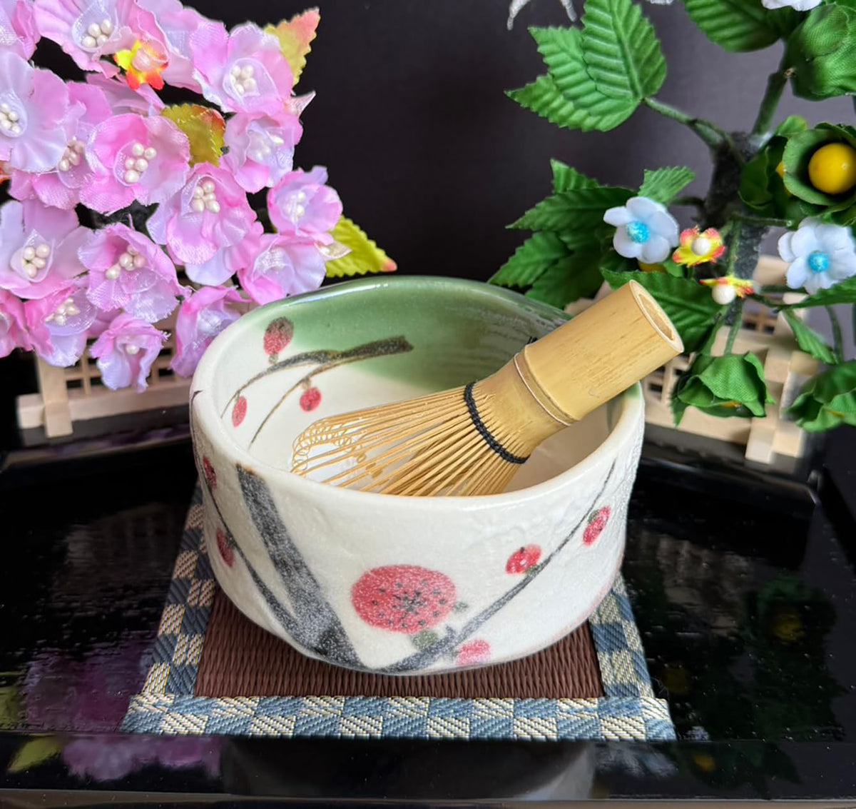 Japanese Traditional Mino Ware Handcrafted Mini Matcha Chawan Tea Bowl Cup Set with Chasen Bamboo Tea Whisk Ceremony Tableware Pottery (Oribe Ume)