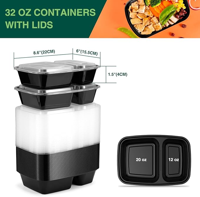 Glotoch 50 Pack 32 oz Meal Prep Containers Reusable, 2 Compartment Food Containers with Lids To Go Containers, Lunch-Microwave, Freezer, Dishwasher Safe