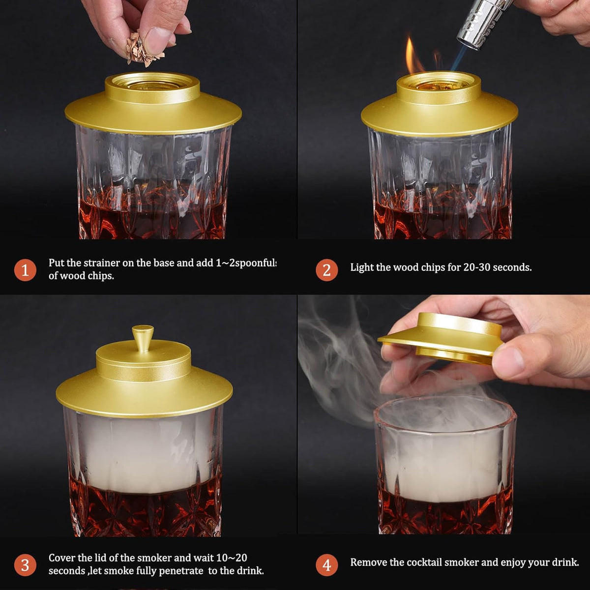 Cocktail Smoker Kit, AOKE Golden Metallic Whiskey Smoker Kit with 4 Flavors Wood Chips for Whiskey and Bourbon, Old Fashioned Smoker kit for Enhancing Drink Flavors, Whiskey Gifts for Men (no Torch)