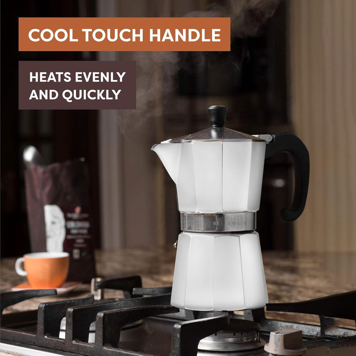 Bellemain Stovetop Espresso Maker Moka Pot (White, 3 Cup)