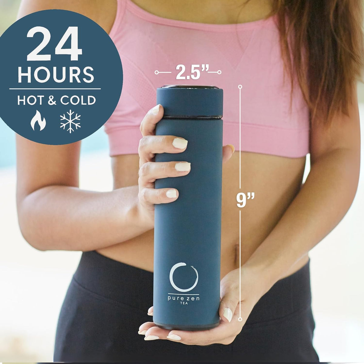 Pure Zen Tea Thermos with Infuser for Hot and Cold Infusions - Stainless Steel - Tea Infuser Bottle - Leakproof Travel Mug with Filter - 15oz - Blue