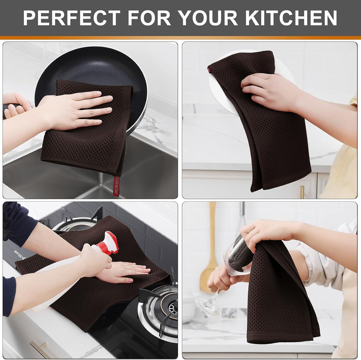 Kitinjoy 100% Cotton Waffle Weave Kitchen Towels, 4-Pack Super Soft and Absorbent Dish Towels for Drying Dishes, Kitchen Hand Towels, 13 in x 28 in, Dark Brown
