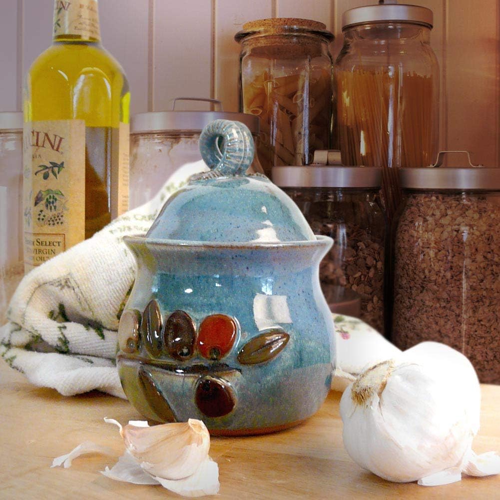 Modern Artisans American Made Stoneware Pottery Garlic Keeper Jar with Olive Motif