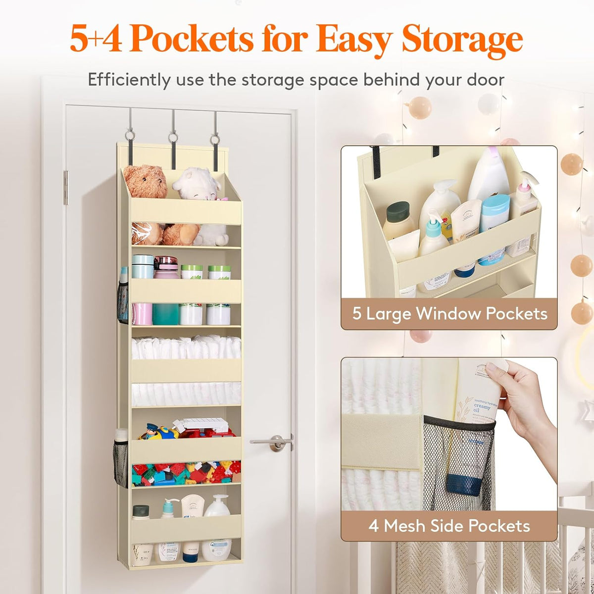 Lifewit 1 Pack Over the Door Organizer, 5 Shelf Clear Window Hanging Storage with 4 Mesh Side Pockets, Anti Tilt 40 lbs Load Behind Door for Pantry, Nursery, Bathroom, Bedroom, Kitchen, Dorm, Beige