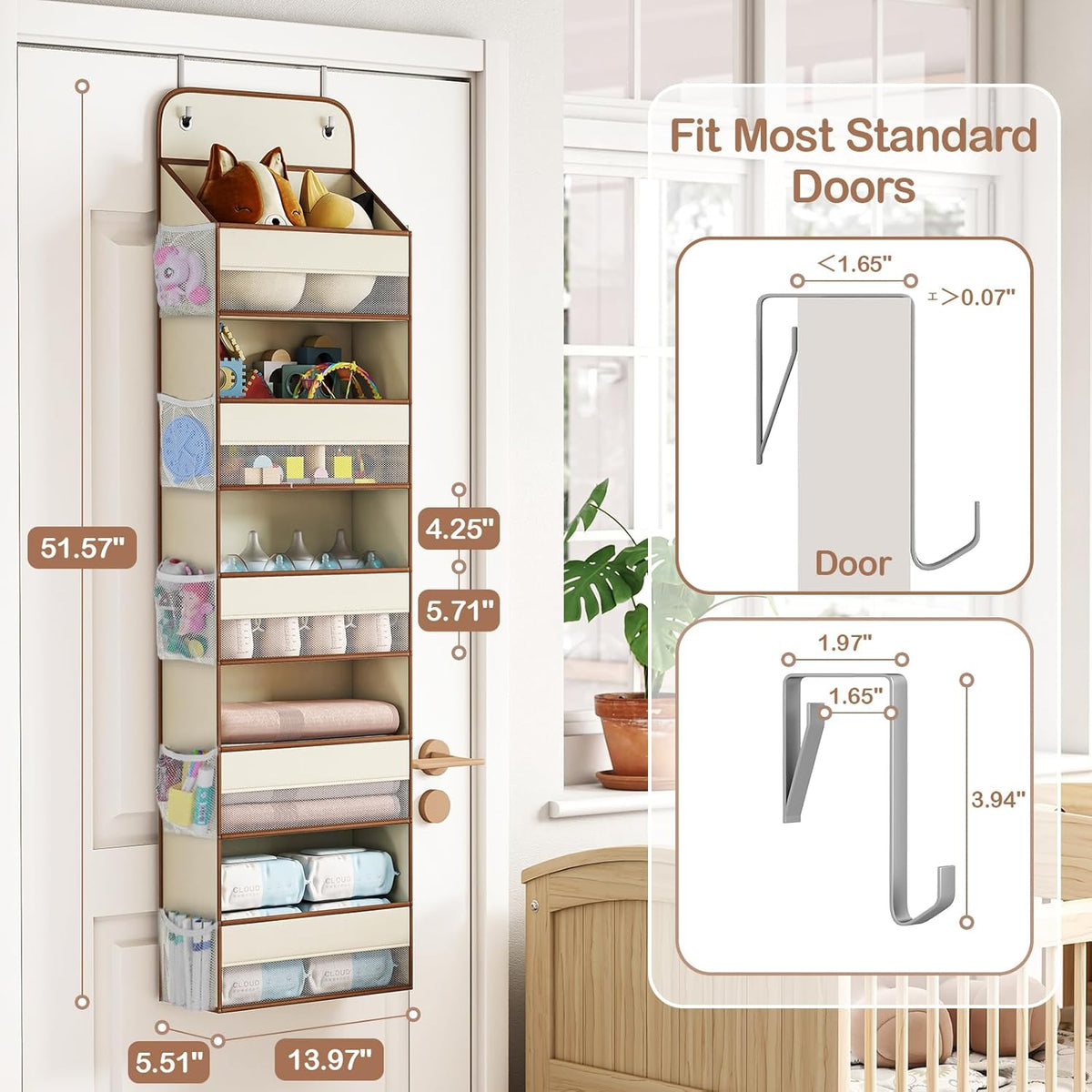 LAMU 1 Pack Over the Door Organizer Hanging with 5 Large Pockets and 10 Mesh Pockets, 44lb Over the Door Storage for Closet, Nursery and Bathroom, Behind the Door Storage with Clothes and Toys, Beige