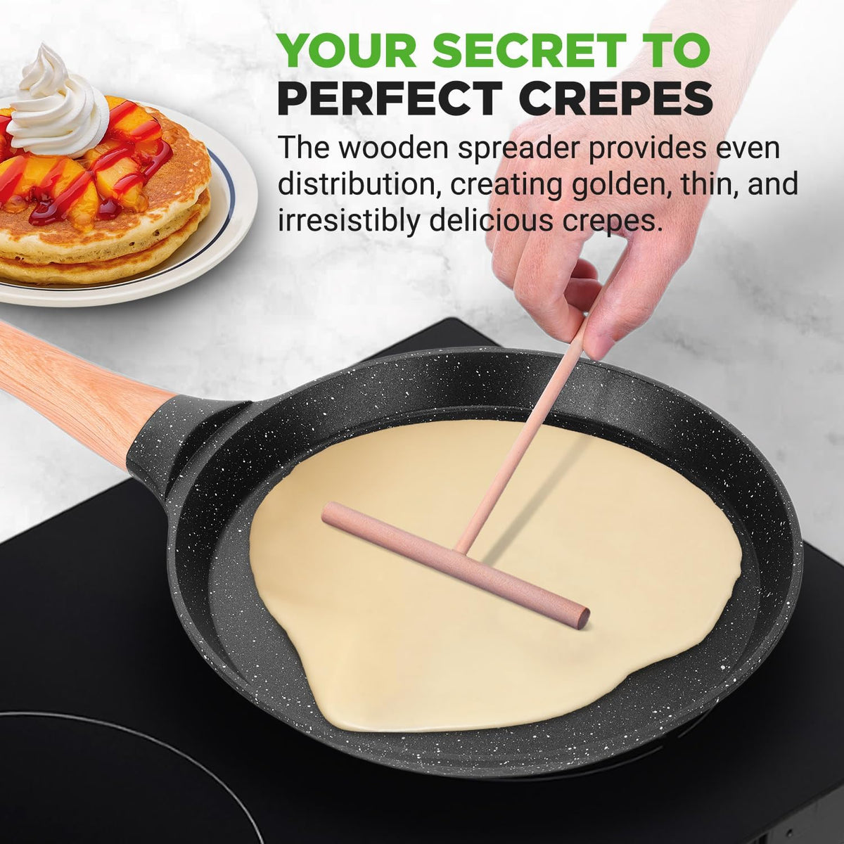 Nutrichef 2-Pack Non-Stick Crepe Pan Set, 9.4" Marble Coated Dosa Pans with Wooden Spreaders, Bakelite and Wood Handles, Induction-Compatible, Dishwasher Safe, Even Heat Distribution, Black Marble