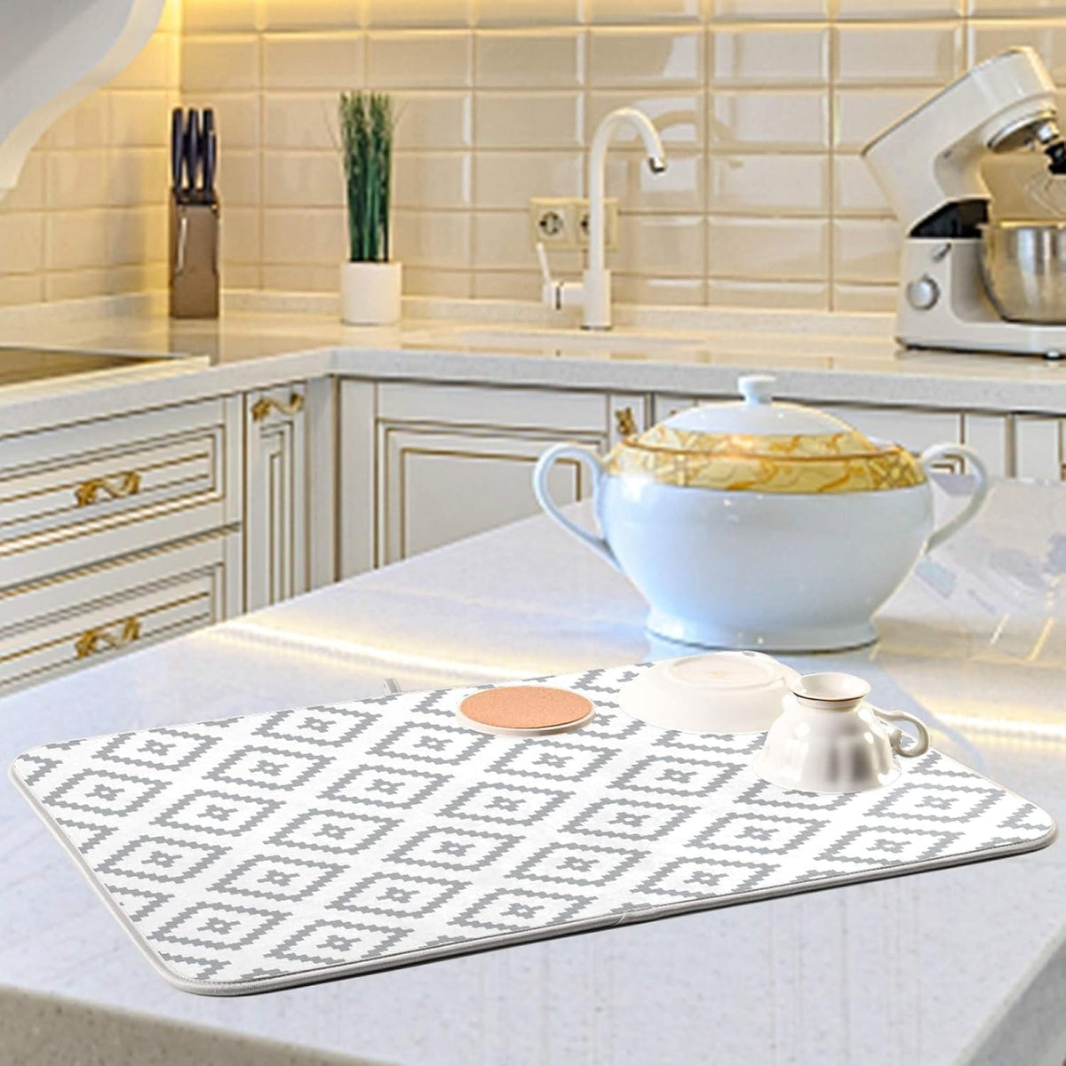 Super Absorbent Dish Drying Mat, Microfiber Fast-Drying Dish Mat, 24" x 18, Kitchen Dish Drying Pad, White Moroccan Rhombus Plaid