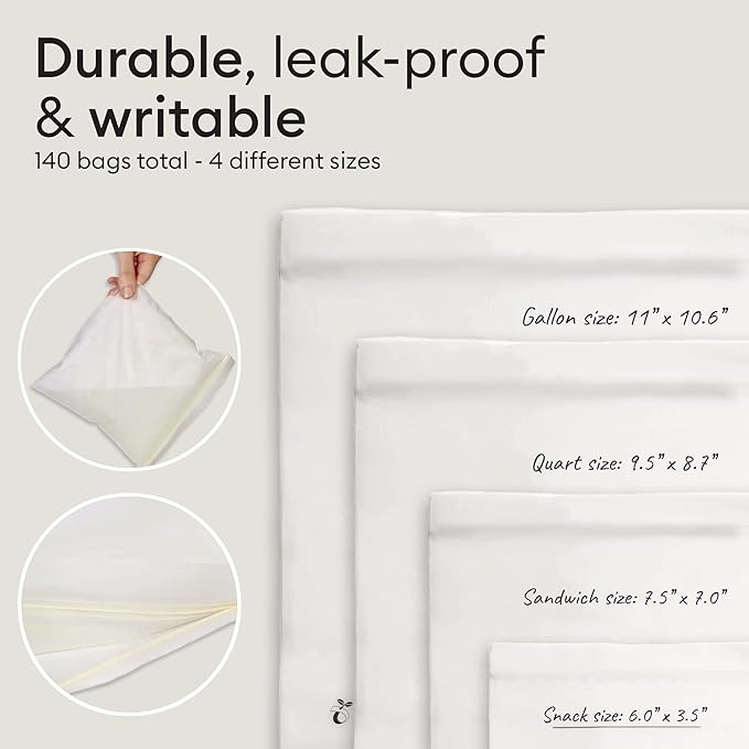 Vove Compostable Storage Bag Bundle, 140 Count Multi-Size S/M/L/XL – Freezer Safe, Resealable, Non Toxic Bags for Food, Meal Prep & Snacks, Plastic-Free Eco Bags