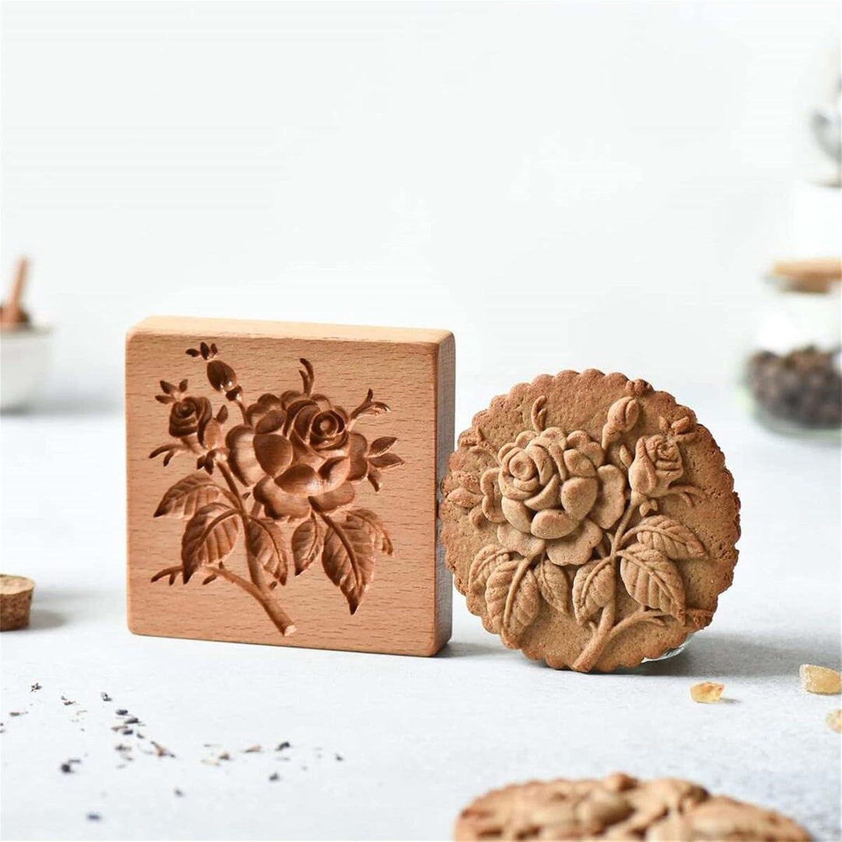 Wooden Cookie Biscuit Mold, 3D Baking Mold, Embossing Craft Decorating Baking Tool, Suitable for Halloween Thanksgiving Christmas Kitchen DIY (Rose 10 * 10 * 2)