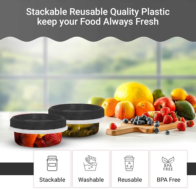 [Black - 12 Pk] Airtight Deli Containers with Lids Twist Lock Top Clear Food Storage for Meal Prep Snacks and Leftovers Freezer and Microwave Safe Stackable Leak-Resistant and 12 Pc. Set (8 Ounce)