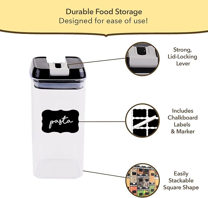 Simply Gourmet Airtight Food Storage Containers with Lids – 4 Piece Slim Kitchen Pantry Organization Set, 8 Cup Capacity, BPA-Free Clear Plastic, Stackable Containers for Flour, Sugar, Rice, Snacks