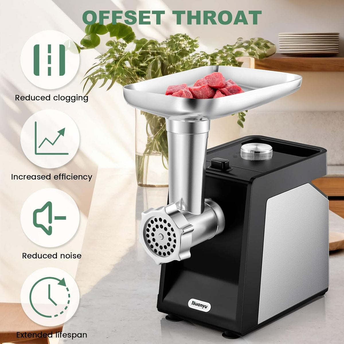 Huanyu Electric Meat Grinder for Home Use, Quiet for Apartment Cooking, Process Beef & Venison in 90s, Sausage Kubbe Prep Kit 110v