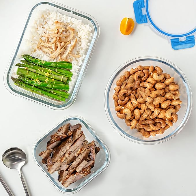30 Pieces Glass Food Storage Containers, Meal Prep Set with Snap Locking Lids, Airtight lunch Containers, BPA-Free, Microwave, Oven, Freezer & Dishwasher Friendly,Blue