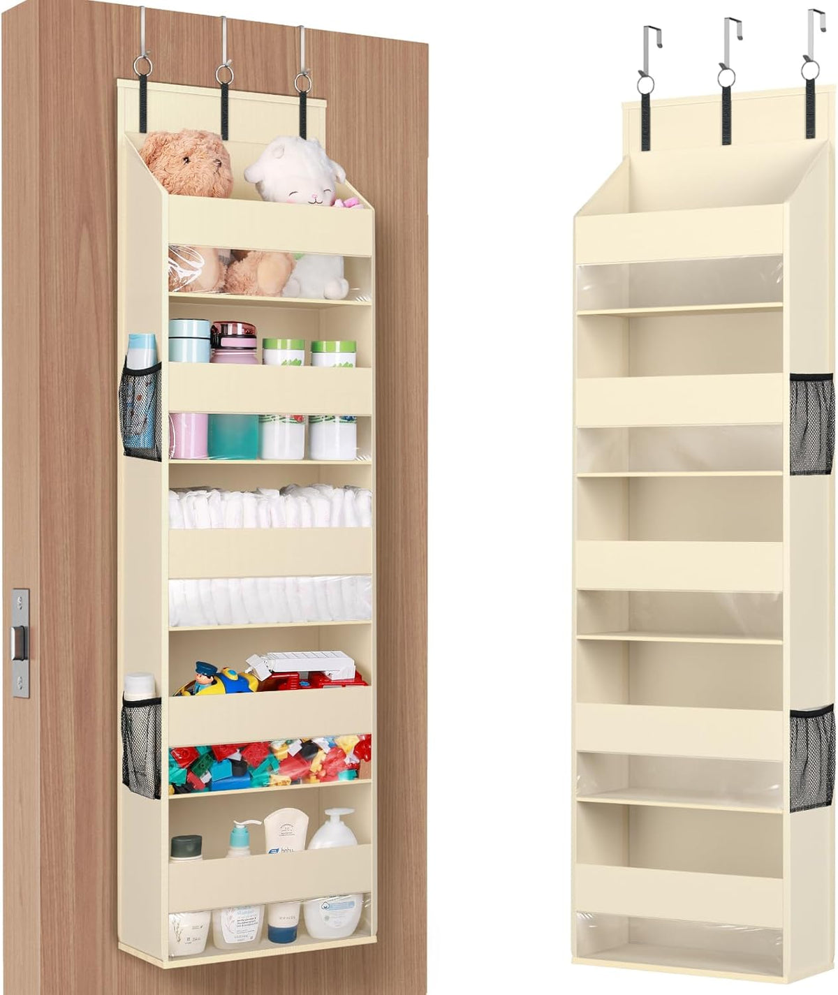 Lifewit 1 Pack Over the Door Organizer, 5 Shelf Clear Window Hanging Storage with 4 Mesh Side Pockets, Anti Tilt 40 lbs Load Behind Door for Pantry, Nursery, Bathroom, Bedroom, Kitchen, Dorm, Beige