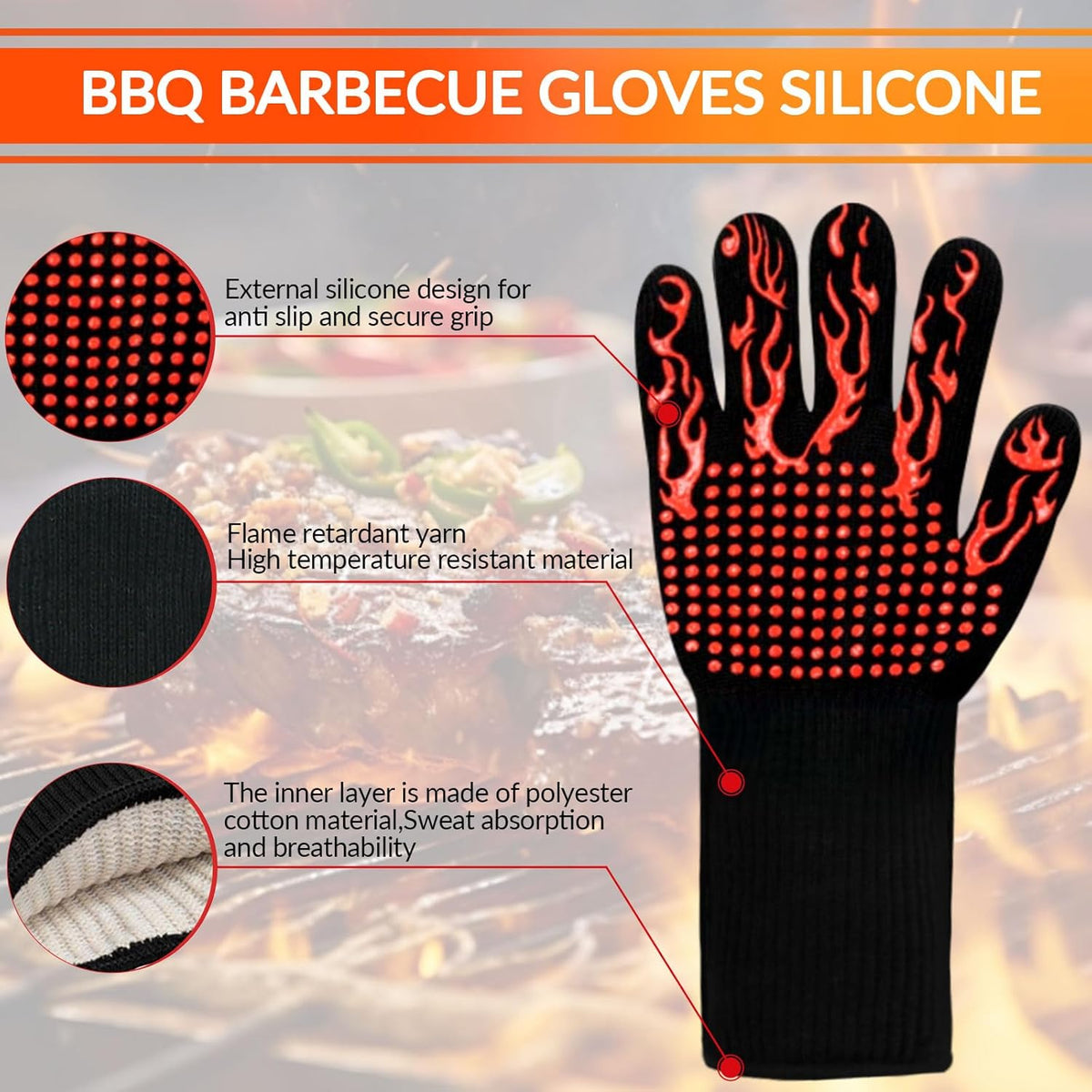 1 Pair Grill Oven Mitts, 1472°F Heat Resistant BBQ Gloves for Cooking, Non-Slip Silicone Oven Gloves, Barbecue Grill Gloves BBQ Mitts (Red-Flame Pattern)