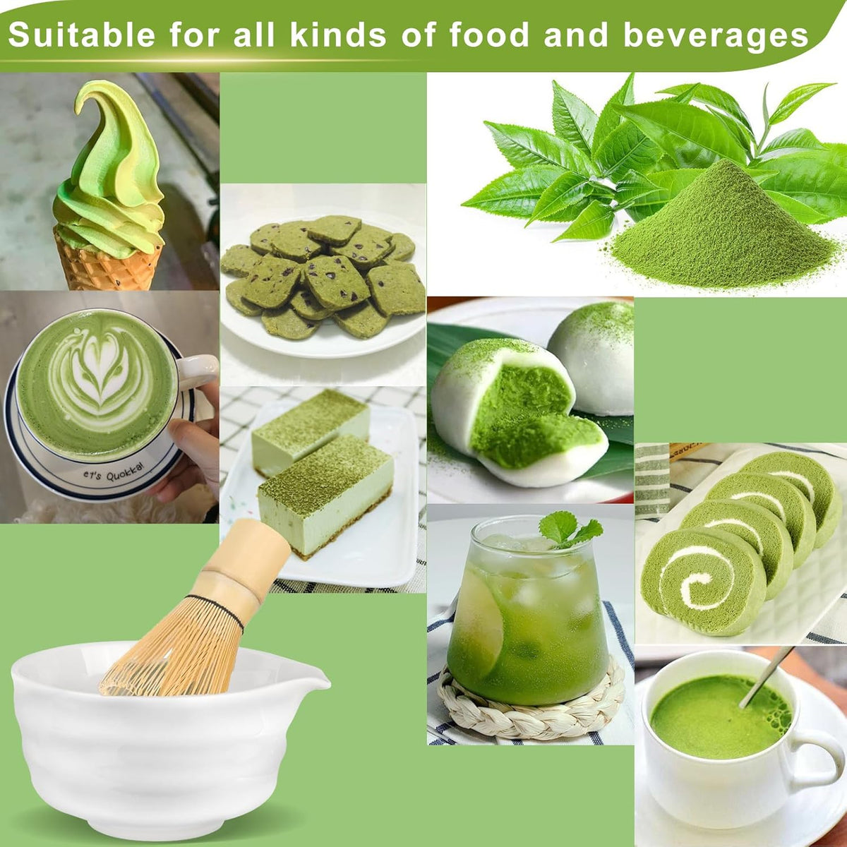 7 Pcs Matcha Whisk Set, Matcha Set with Ceramic Bowl, Bamboo Scoop, Whisk, Whisk Holder, Sifter, Spoon and Scoop Holder, Matcha Kit for Matcha Lover (White)