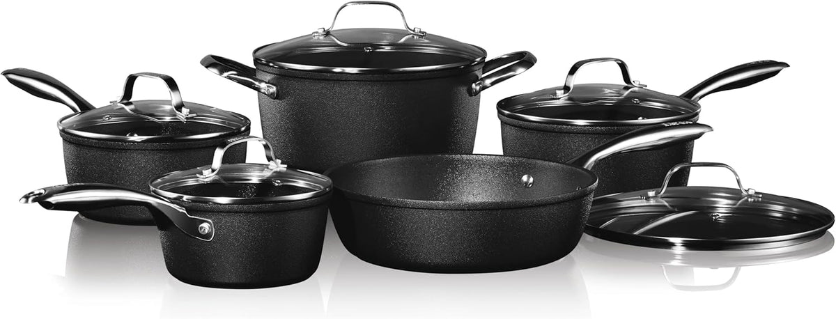 Starfrit The Rock Diamond 10PC Non-Stick Set - Durable Forged Aluminum - Oven Safe - PFOA Free - Easy to Clean - Black