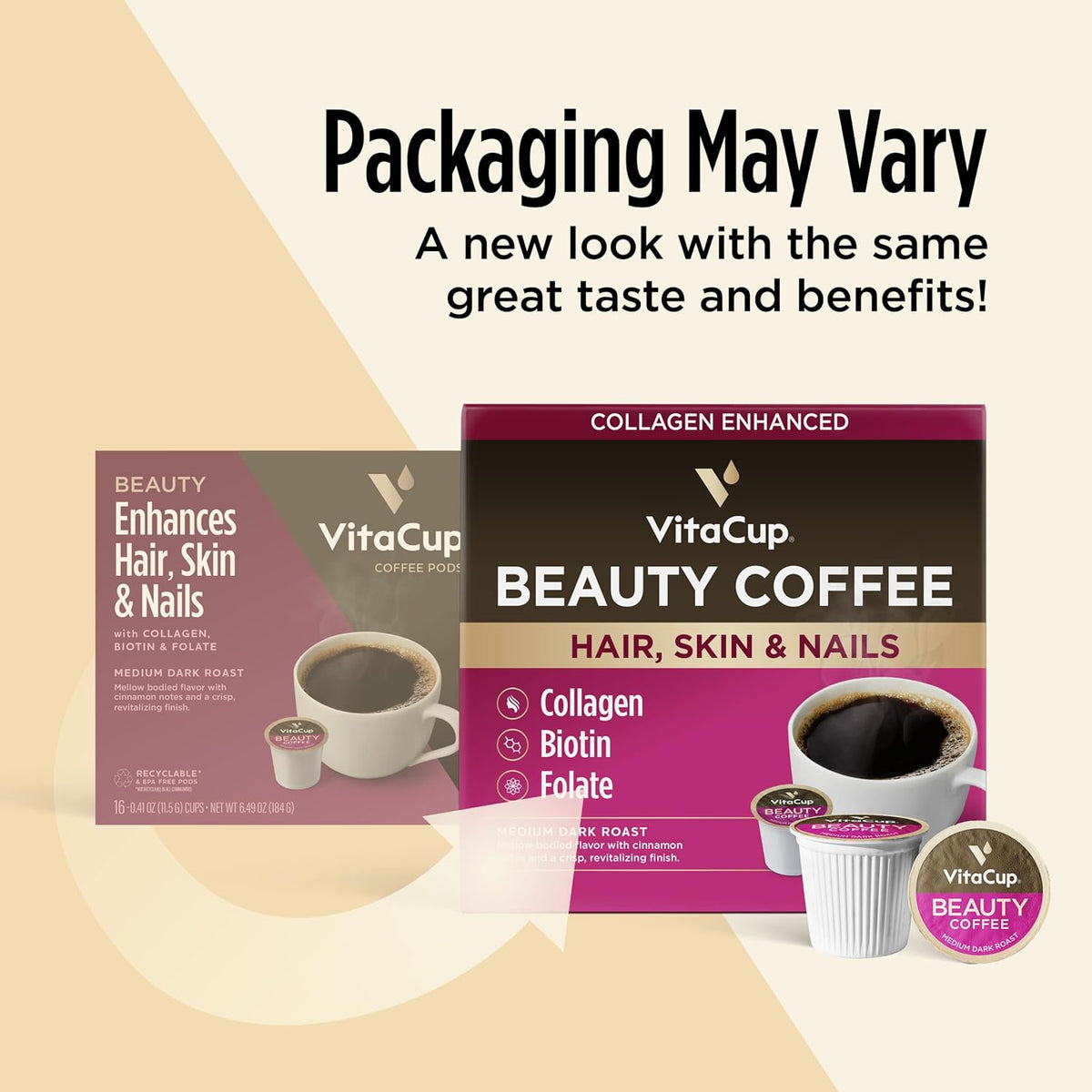 VitaCup Beauty Collagen Coffee Pods for Hair, Skin & Nails, with Biotin & Folate, Medium Dark Roast, Keto Friendly, Recyclable Single Serve Pod Compatible with Keurig K-Cup Brewers,32 Ct