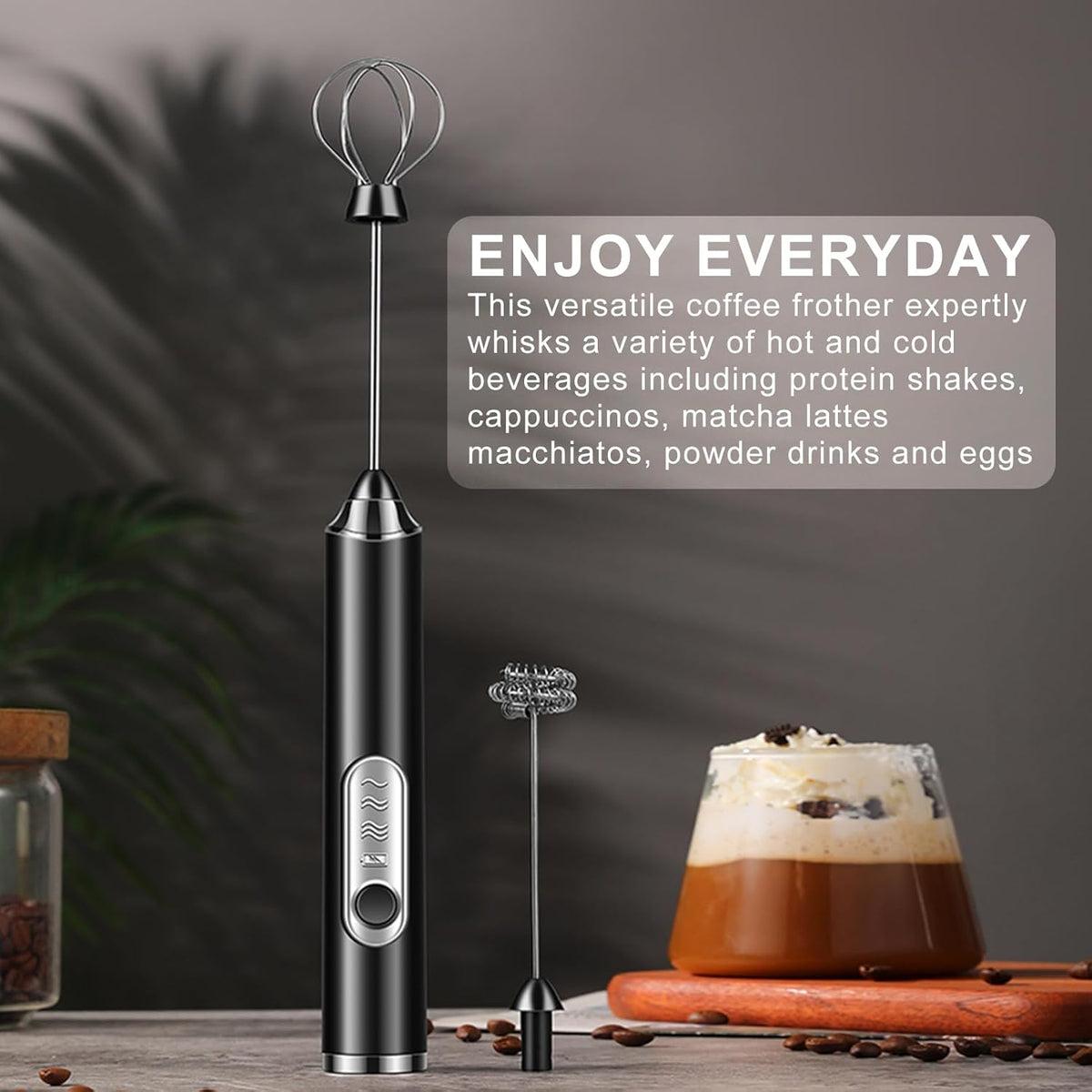 SOUTHMAN Milk Frother Foamer with Stainless Steel Stand, Rechargeable Electric Milk Frother Handheld Whisk, Drink Mixer for Latte, Cappuccino