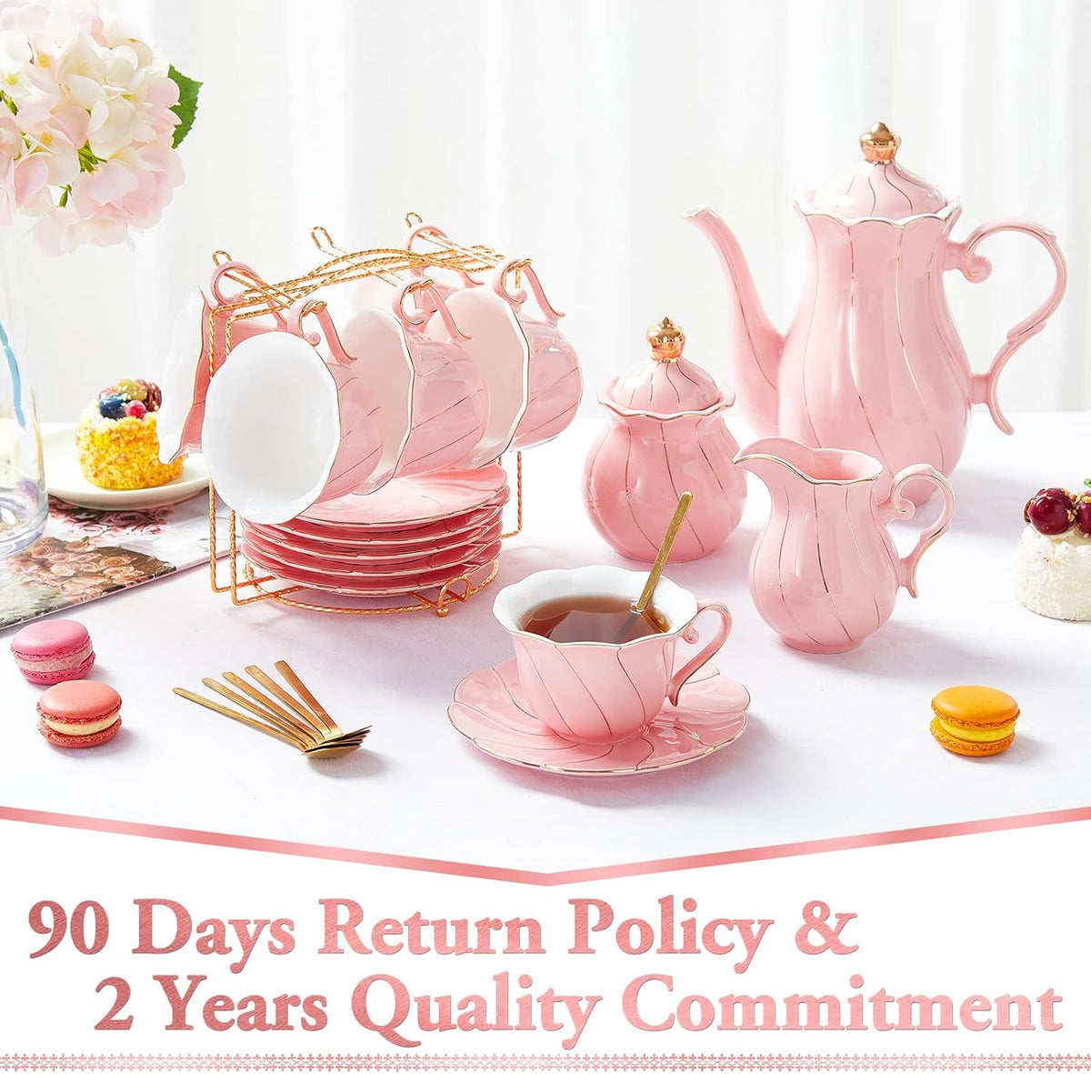 DUJUST 22 pcs Porcelain Tea Set for 6, Luxury British Style Tea/Coffee Cup Set with Golden Trim, Beautiful Tea Set for Women, Tea Party Set, Gift Package (With a Stand) - Pink