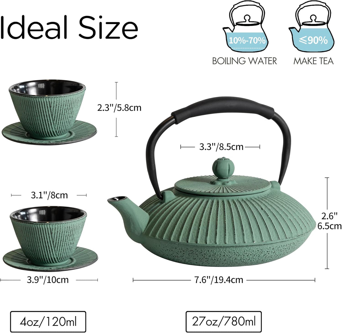 Cast Iron Teapot Set with 2 Tea Cups, 7Pcs Japanese Tea Kettle with Stainless Steel Infuser, Tea Pot Coated with Enameled Interior, Line Pattern, 27oz 780ml Green