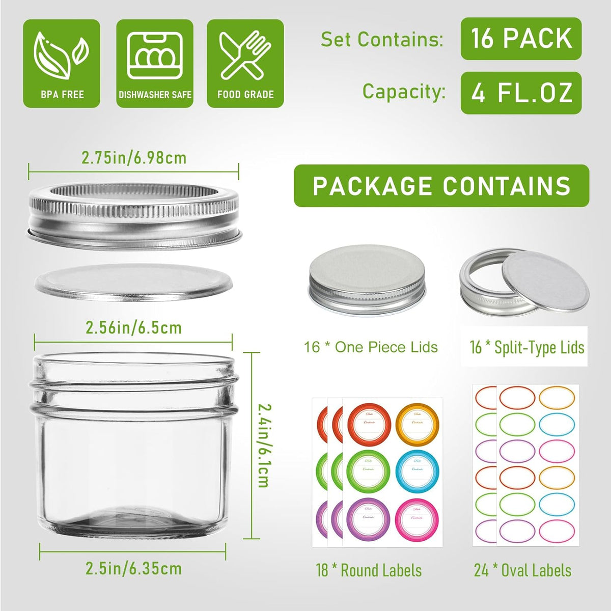 4 oz Small Mason Jars, 16 Pack Mini Canning Jars with 2 Types of Lids, 16 Split-Type and 16 One-Piece Lids for Dessert, DIY