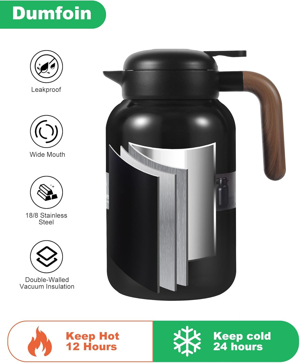 68 Oz Thermal Coffee Carafe, Stainless Steel Insulated Vacuum Coffee Carafes For Keeping Hot, 2 Liter Carafe for Hot Liquids (Black)