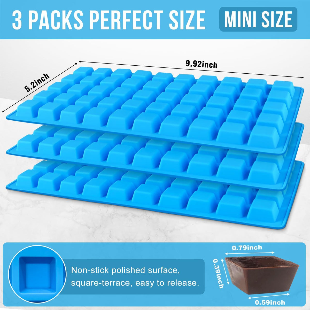 Walfos Mini Square-Terrace Silicone Candy Molds 50 Cavities - Non Stick, Food Grade & Dishwasher Safe, 3 Packs