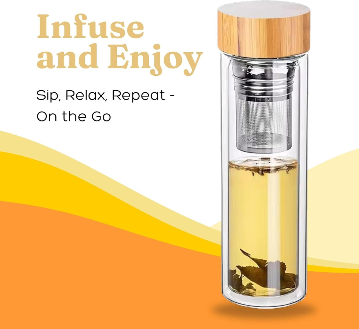 15oz Double Wall Glass Water Bottle with Bamboo Lid and Tea Infuser – Insulated, Leak-Proof, and Eco-Friendly Travel Tea Mug with Filter for Hot or Cold Beverages